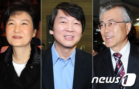 박근혜 한나라당 비상대책위원장, 안철수 서울대 융합과학기술대학원장, 문재인 민주통합당 상임고문(왼쪽부터) © News1 (서울=뉴스1)