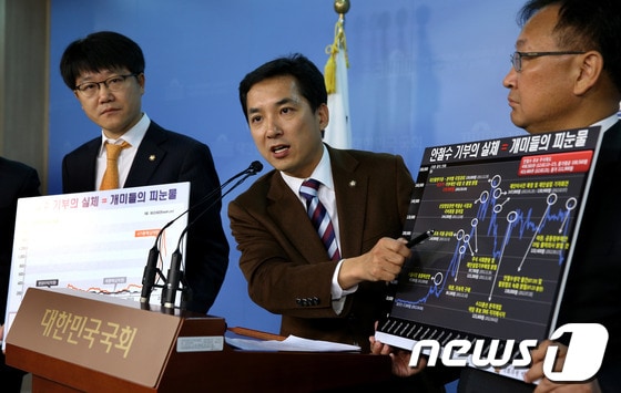 국회 정무위원회 소속 새누리당 의원들이 24일 오전 서울 여의도 국회 정론관에서 무소속 안철수 후보의 기부에 대해 