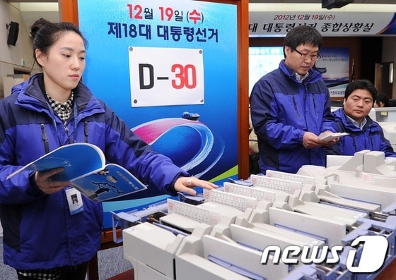 제18대 대통령선거를 30일 앞둔 지난 19일 경기도 과천시 중앙선거관리위원회 선거종합상황실에서 선관위 관계자들이 개표 때 사용하는 투표지분류기를 시험운영하고 있다. © News1 박철중 기자