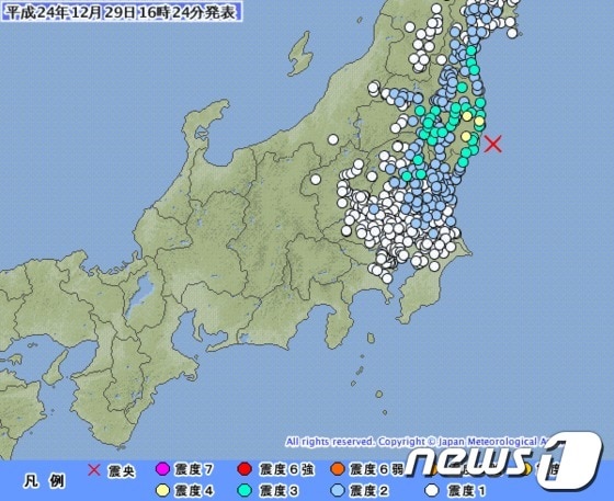 29일 일본 후쿠시마 연안에서 발생한 지진 규모 그래픽(일본기상청 제공) © News1