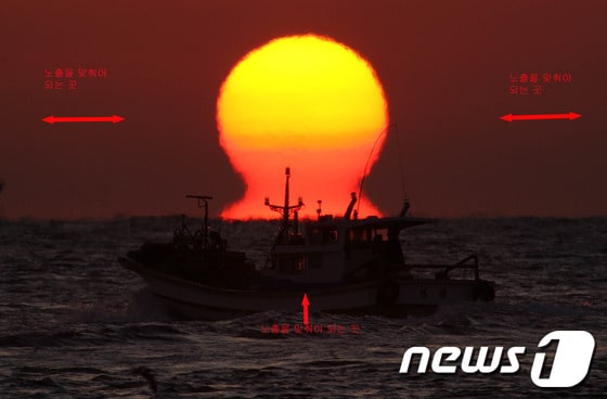 수평선에서 바로 떠 오르는 오메가 일출 카메라의 +/-값을 마이너스쪽으로 1.3스텝 보정 후 촬영./최창호 기자© News1 
