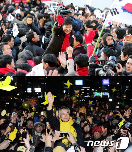 박근혜 새누리당 대선 후보(사진 위)와 문재인 민주통합당 대선 후보가 지난 8일 서울 광화문 광장에서 시간차를 두고 대규모 유세를 펼치고 있다. 2012.12.8/뉴스1 © News1 이종덕, 허경 기자