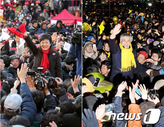 대선을 11일 앞두고 서울 표심잡기에 나선 박근혜 새누리당 대선 후보(사진 왼쪽)와 문재인 민주통합당 대선 후보가 8일 서울 광화문 광장에서 시간차를 두고 대규모 유세를 펼치고 있다. 박 후보가 이날 오후 3시 서울지역 합동유세를한 데 이어 문 후보는 오후 5시30분 동일한 장소에서 유세전을 펼쳤다. 2012.12.8/뉴스1 © News1   이종덕, 허경 기자