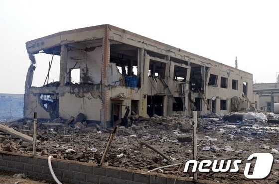 28일 폭발사고가 발생한 중국 허베이성 스자좡시 자오현 커얼 비료공장 © 신화통신=News1 