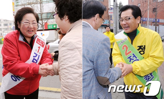 제19대 국회의원 선거 서울 송파병 지역에 출마한 김을동 새누리당 후보와 정균환 민주통합당 후보 © News1 박철중 기자