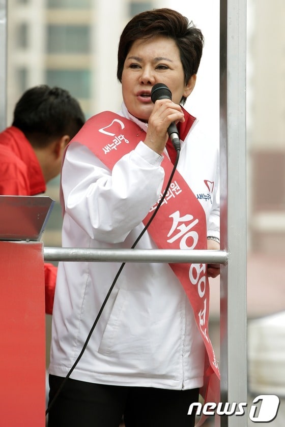 새누리당 남양주시갑 송영선 후보가 30일 오후 경기도 남양주 와부읍 덕소주공아파트를 찾아 유세를 벌이고 있다. 뉴스1/머니투데이 © News1 이정선 인턴기자