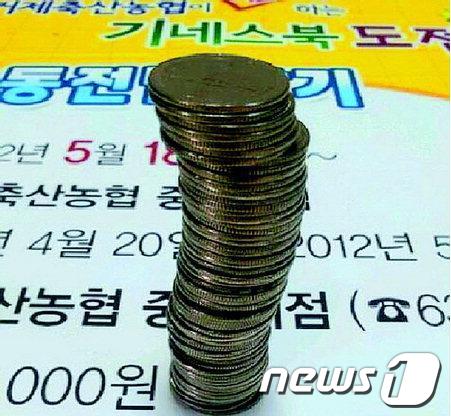 국내에서 처음으로 동전쌓기 국내 신기록 도전이 18일 거제농협에서 열린다. © News1 