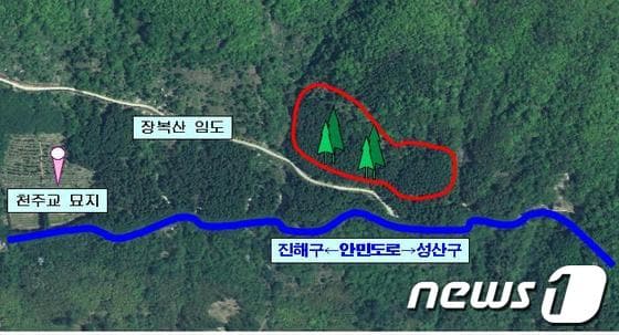 창원시 진해구 경화동 산1-1번지 장복산 임도변 일원에 조성될 편백숲 쉼터 위치도 (사진제공=창원시청) © News1