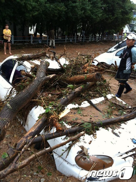산북동 주공아파트에 주차된 차량이 산에서 흘러내린 토사에 묻혀 있다. © News1