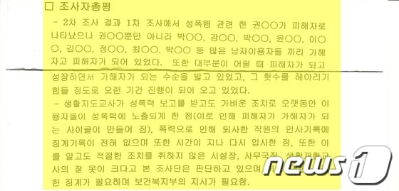 메아리복지원 '성폭행 대물림'의 근거가된 최종보고서 조사자 총평의 일부분이다. 2차 조사팀이 조사한 원샏들의 진술과는 전혀 다른 허위 내용으로 기술된 것으로 드러났다.© News1 김재식 기자