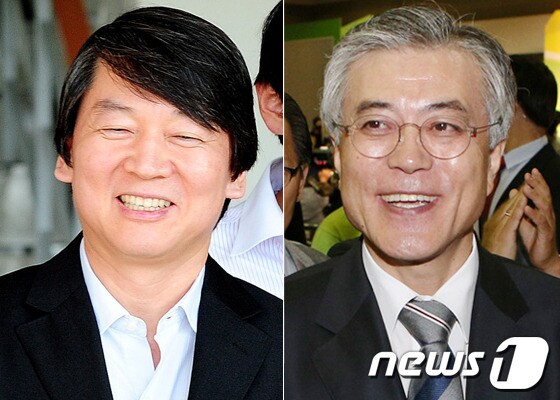 안철수 서울대 융합과학기술대학원장과 문재인 민주통합당 대선 후보 © News1 송원영 이정선 기자