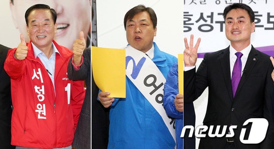 10.30 재보선 공식 선거운동을 하루 앞둔 16일 경기 화성갑에 도전장을 내민 &#40;사진 왼쪽부터&#41;새누리당 서청원, 민주당 오일용, 통합진보당 홍성규 후보가 지역구 일대에서 각각 선대위 발대식과 당 최고위원회의, 공약발표 기자회견을 열어 지지를 호소하고 있다. 2013.10.16/뉴스1 © News1   오대일 기자