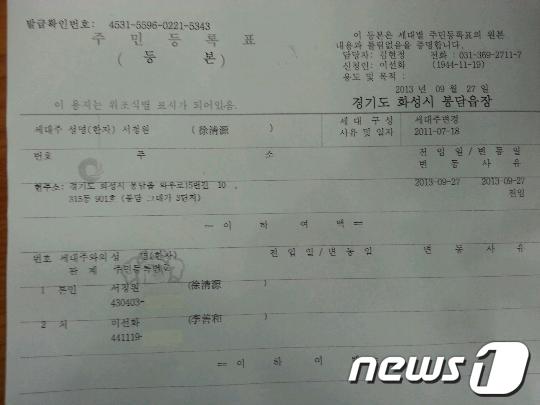 서청원 후보 측이 보도자료에 첨부한 서청원 후보와 이선화 여사의 주민등록등본 사본 News1 