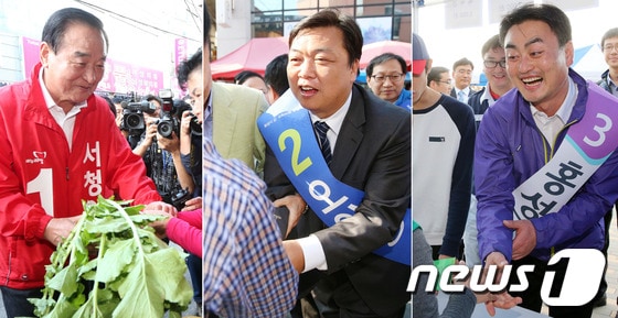 10.30 재보선 경기 화성갑에 출마한 여야 후보들이 공식 선거운동 첫 주말이었던 지난 20일 화성시 지역구 일대에서 유권자들을 만나 지지를 호소하고 있다. (왼쪽부터) 새누리당 서청원, 민주당 오일용, 통합진보당 홍성규 후보.  © News1 