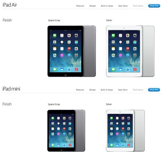 애플 공식 홈페이지의 아이패드 에어(iPad Air)와 아이패드 미니2(iPad mini with Retina display) 제품소개 © News1