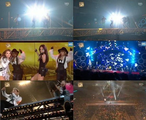 '2013 SBS 가요대전'의 샤이니(위쪽), 이효리와 씨엘(가운데), 태양과 지드래곤 무대. © News1