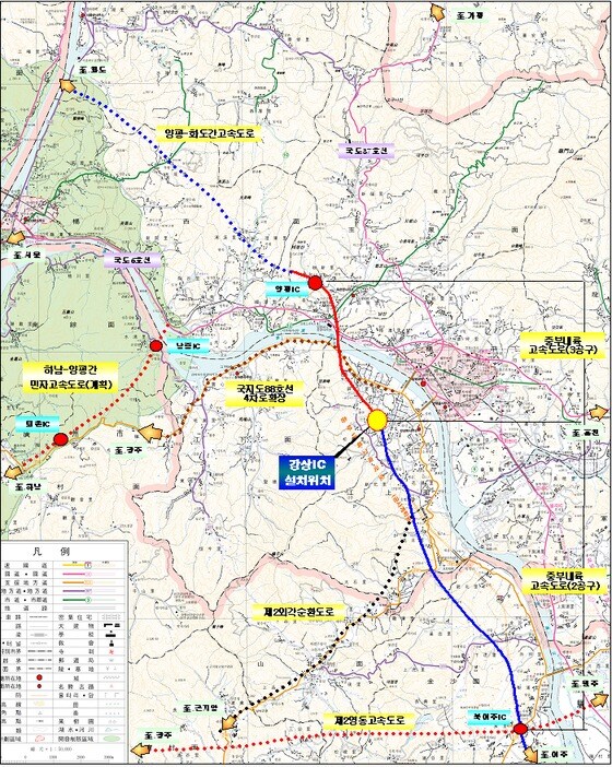 양평군민의 오랜 염원인 중부내륙고속도로 강상IC의 설치가 확정됐다. 사진은 강상IC 위치도. /사진제공=양평군 © News1  