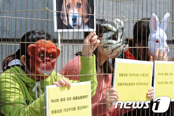동물보호단체 회원들이 17일 오후 서울 연세대학교 정문 앞에서 동물실험기관 &#39;에비슨의생명연구센터&#40;ABMRC&#41;&#39; 오픈을 반대하는 기자회견을 열고 퍼포먼스를 벌이고 있다. 박세연 기자
