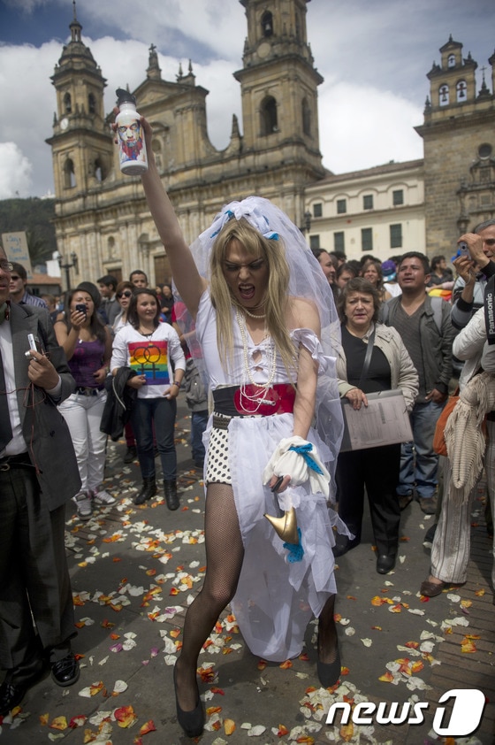 17일(현지시간) 한 LGTB(레즈비언·게이·트렌스젠더·바이섹슈얼) 권리 운동가가 콜롬비아 국회의사당 앞에서 웨딩드레스 형태의 옷을 입고 동성 결혼 합법화 지지 시위를 하고 있다. © AFP=News1 
