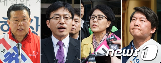 4일 4·24 재보궐선거 서울 노원병 후보등록을 마친 네 후보들이 각각 출마의 변을 밝히고 있다. (왼쪽부터) 새누리당 허준영, 통합진보당 정태흥, 진보정의당 김지선, 무소속 안철수 후보. 2013.4.4/뉴스1 © News1 유승관, 양동욱 기자