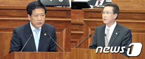 울산시의회(의장 서동욱)가 21일 제153회 임시회 2차 본회의를 개최한 가운데 새누리당 권명호 제1부의장과 통합진보당 이재현 제2부의장이 5분 자유발언을 통해 일산유원지 시유지 매각의 중단을 촉구하고 있다. 의회는 이날 본회의 표결을 통해 찬성(15):반대(10)으로 통과를 최종 결정지었다.© News1 노화정 기자