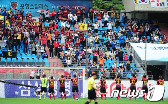 19일 현대오일뱅크 K리그 클래식 울산 현대의 경기에 앞서 팬들에게 인사하는 스틸러스 선수들./최창호 기자© News1 