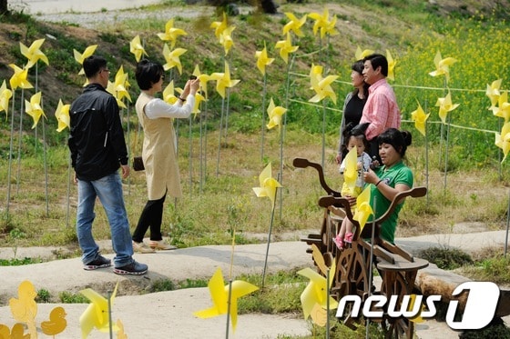 지난 5월22일 고 노무현 전 대통령 4주기를 하루 앞두고 김해 봉하마을에 설치된 노란 바람개비 앞에서 시민들이 사진을 찍고 있는 모습. 2013.5.22/뉴스1 © News1 전혜원 기자