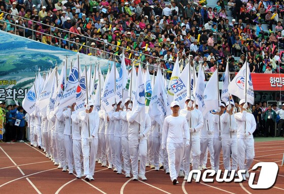24일 2013 전국생활체육대축전 개막식 행사에서 각 시도를 상징하는 깃발과 종목별 기수단이 입장하고 있다. © News1
