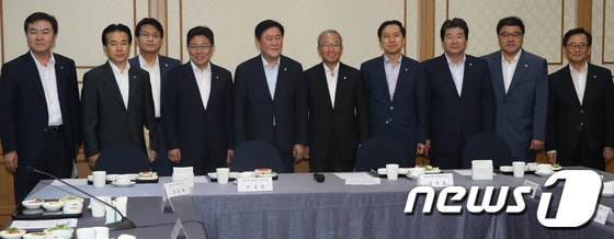 최경환 새누리당 원내대표와 현오석 경제부총리 등이 24일 서울 여의도 국회 귀빈식당에서 열린 국내 경제상황 점검 당정협의에서 기념촬영을 하고 있다. 이날 당정협의에선 '버냉키 쇼크'에 따른 국내 금융시장 및 경제 동향 점검과 대응책이 논의될 예정이다.2013.6.24/뉴스1 © News1 송원영 기자