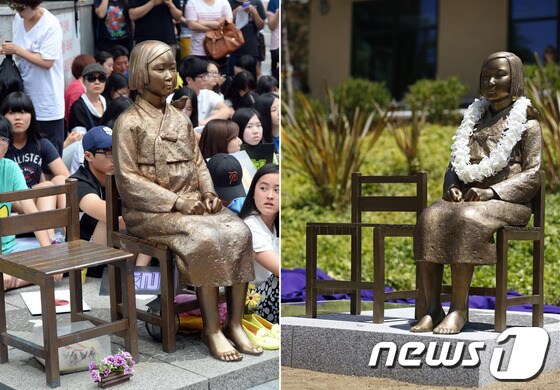 서울 종로구 중학동 주한일본대사관 앞의 위안부 소녀상(사진 왼쪽)과 미국 캘리포니아 글렌데일 시립 중앙도서관에 해외 최초로 설립된 위안부 소녀상. © News1 정회성 기자