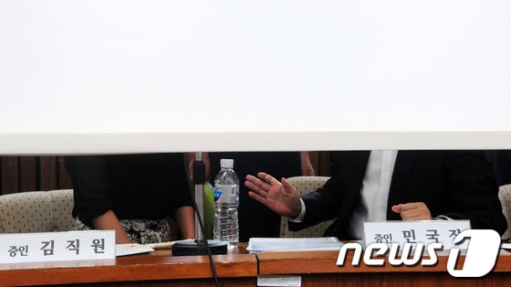19일 서울 여의도 국회에서 열린 국가정보원 댓글 의혹 사건 등의 진상규명을 위한 국정조사 2차 청문회에서 국정원 여직원 김모씨&#40;왼쪽&#41;와 민병주 전 심리전단 단장이 정회 선포 뒤 커튼 가림막 뒤에서 대화를 나누고 있다. 2013.8.19/뉴스1 © News1 오대일 기자