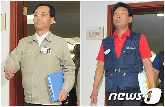 현대자동차 노사가 올해 임단협을 잠정합의 했다. 윤갑한 대표이사(왼쪽)와 문용문 노조위원장이 5일 임단협을 잠정합의하고 현대차 울산공장 본관 아반떼룸을 나오고 있다. 2013.9.5/뉴스1 © News1   노화정  기자