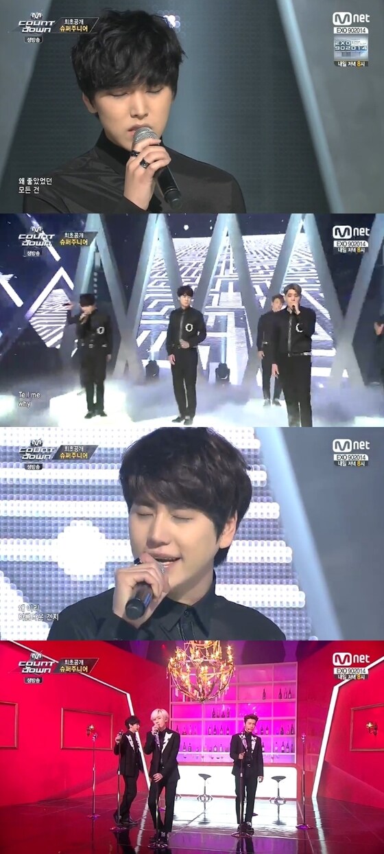 슈퍼주니어가 23일 오후 6시 방송된 Mnet &#39;엠카운트다운&#39;에서 정규 7집 스페셜 에디션 수록곡인 &#39;백일몽&#40;Evanesce&#41;&#39;과 &#39;디스 이즈 러브&#39;&#40;THIS IS LOVE&#41;를 열창했다.ⓒ Mnet &#39;엠카운트다운&#39; 캡처