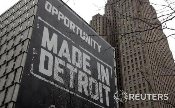 디트로이트 시의 한 건물에 파산한 디트로이트 시의 회생을 기원하는 &acute;기회, 메이드 인 디트로이트&acute;라는 문구가 써있다. ⓒ 로이터=뉴스1