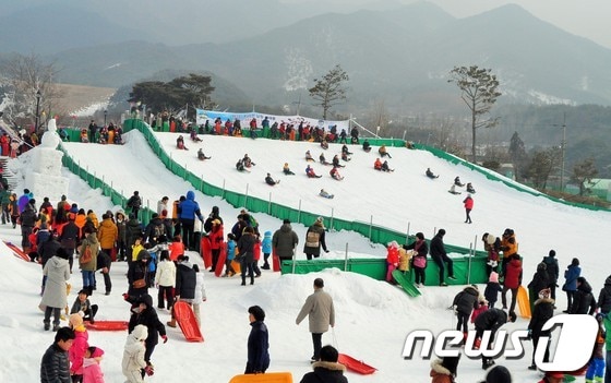                                         제3회 지리산 남원 바래봉 눈꽃축제에 참가한 관광객들이 눈썰매를 즐기고 있다./사진제공=남원시 © News1  
