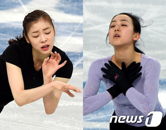 &#39;피겨여왕&#39; 김연아&#40;왼쪽&#41;과 일본 피켜스케이팅의 아사다 마오가 16일&#40;한국시간&#41; 러시아 소치 해안 클러스터 아이스버그 스케이팅 팔라스 경기장에서 아름다운 선율에 맞춰 훈련을 펼치고 있다. 2014.2.16/뉴스1 © News1 &#40;소치&#40;러시아&#41;=뉴스1&#41; 이동원 기자