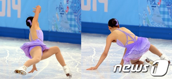 일본 아사다 마오가 20일(한국시간) 러시아 소치 해안 클러스터 아이스버그 스케이팅 팔라스 경기장에서 열린 피겨 스케이팅 여자 싱글 쇼트프로그램에서 아름다운 선율에 맞춰 연기를 펼치다 점프 실수로 넘어지고 있다.2014.2.20/뉴스1 © News1   (소치(러시아)=뉴스1) 이동원 기자