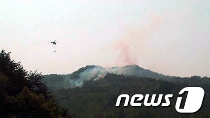 25일 오후 2시 12분께 양양군 현남면 포매리 현불사 인근 야산 정상에서 불이나 사유림 0.04㏊를 태우고 1시간 15분여 만에 꺼졌다.(사진제공=속초소방서) 2014.4.25/뉴스1 © News1
