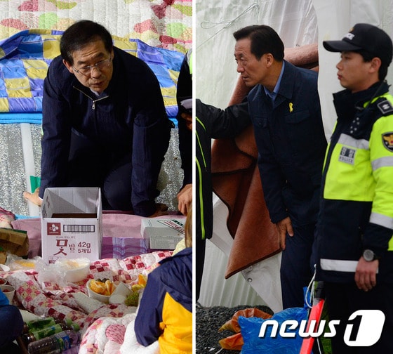 박원순 서울시장이 세월호 침몰 사고 29일째인 14일 오후 전남 진도군 진도실내체육관을 찾아 실종자 가족들을 만나고 있다. (사진왼쪽) 정몽준 새누리당 서울시장 후보가 세월호 침몰사고 29일째인 14일 오후 전남 진도군 팽목항 실종자 가족 천막에서 가족들을 만난 뒤 천막을 나오고 있다. (사진 오른쪽) 2014.5.14/뉴스1 © News1   박지혜 기자