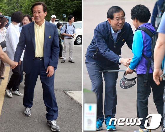 6.4 전국동시지방선거를 10일 앞둔 25일 정몽준 새누리당 서울시장 후보&#40;왼쪽&#41;가 서울 송파구 잠실 학생실내체육관에서 , 박원순 새정치민주연합 서울시장 후보가 서울 도봉구 북한산 국립공원을 방문해 시민들과 인사 나누고 있다. 2014.5.25/뉴스1 © News1   한재호, 송은석 기자