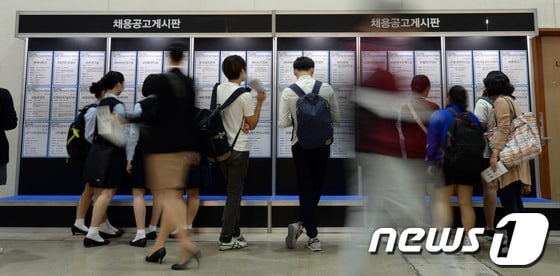 26일 오전 서울 삼성동 코엑스에서 열린 '2014 청년 일자리 박람회'를 찾은 구직자들이 채용공고게시판을 바라보고 있다. 2014.5.26/뉴스1 © News1   