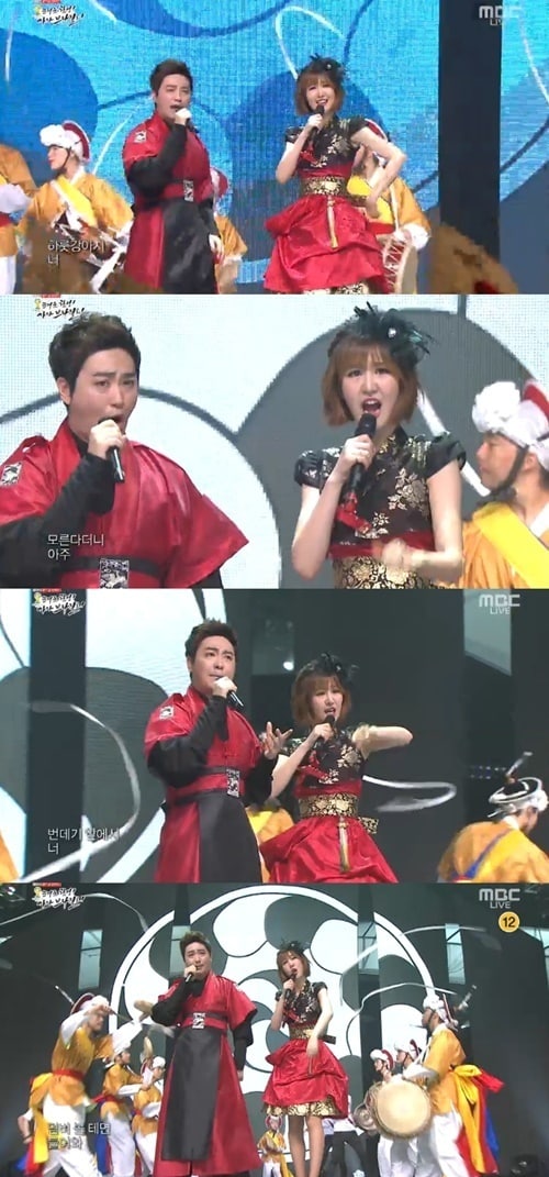 트로트 가수 박현빈과 신예 윤수현이 28일 오후 방송된 MBC '2014 월드컵 응원쇼'에 출연해 '한판 붙자' 무대를 선보였다. © MBC '2014 월드컵 응원쇼' 방송 캡처 