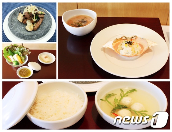 교황의 오찬 메뉴로 제공한 요리들 (사진 왼쪽 위부터 시계방향으로 서산우리한우등심구이, 낙지죽과 꽃게찜, 쌀밥과 우럭어알탕, 백김치와 샐러드 )ⓒ News1