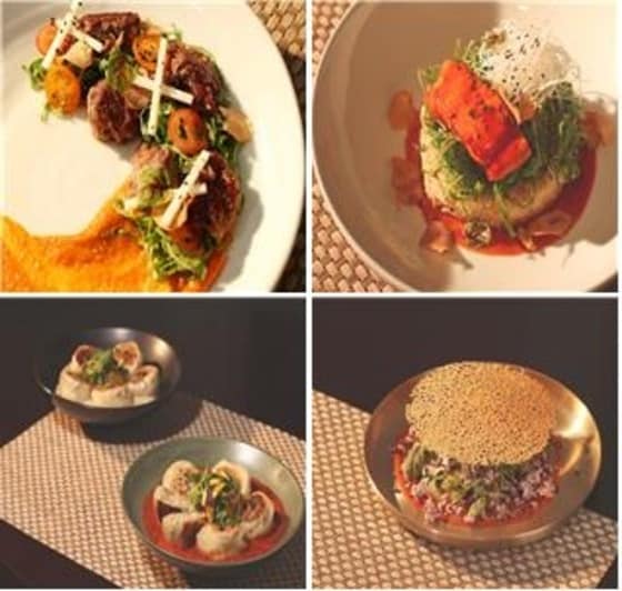 올림픽 특선메뉴 중 일부. (왼쪽 위부터 시계방향)  한우불고기, 송어덮밥, 비빔밥, 송어만두. 사진-문체부 ⓒ News1