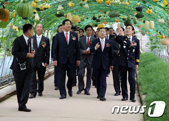 제17회 함평나비대축제 개막식에 참석한 안병호 함평군수, 정수길 군의회의장, 각 기관사회단체장들이 축제장을 돌아보고 있다. (함평군 제공) ⓒ News1