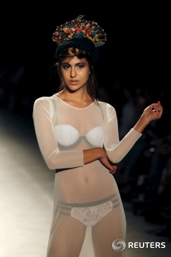 A model wears a creation of students of the university foundation Area Andina during Colombiamoda fashion event in Medellin