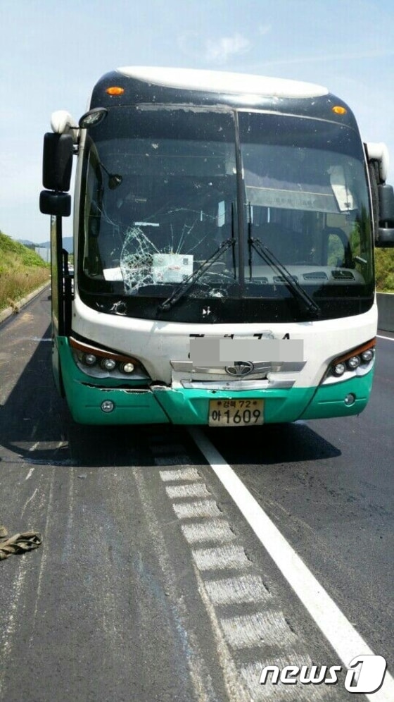 23일 오전 11시28분께 대전~통영간 고속도로 전북 무주군 무주IC 인근에서 통영방향 고속버스가 1톤 트럭을 추돌하는 사고가 발생했다. 2016.7.23./뉴스1 ⓒ News1