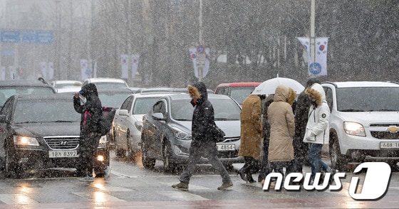 15일 대전·충남엔 새벽까지 비 또는 눈이 내리는 곳이 있을 것으로 예보됐다. 대전 서구 한 거리 신호등에서 시민들이 눈을 맞으며 걷고 있다. /뉴스1 ⓒ News1