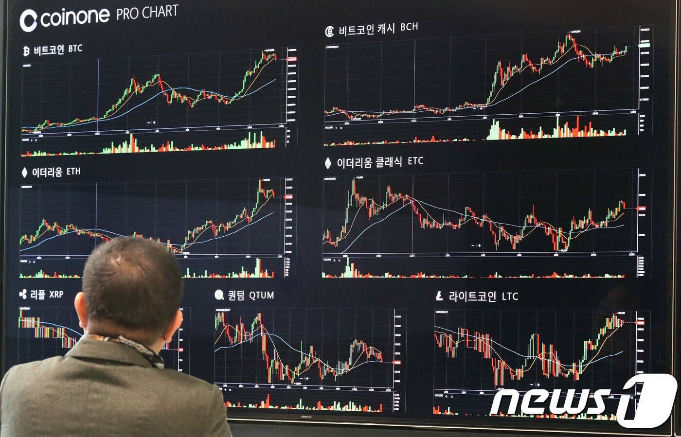 27일 서울 여의도 코인원 가상화폐 거래소에서 한 시민이 시세 전광판을 바라보고 있다. 2017.11.27/뉴스1 ⓒ News1 박세연 기자