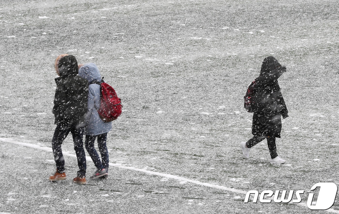 26일 대전·충남은 오전 사이 서해안과 내륙 지역에 약한 눈이 내릴 것으로 예보됐다. 대전 유성구 카이스트 교내에 눈이 내리고 있다. /뉴스1 ⓒ News1